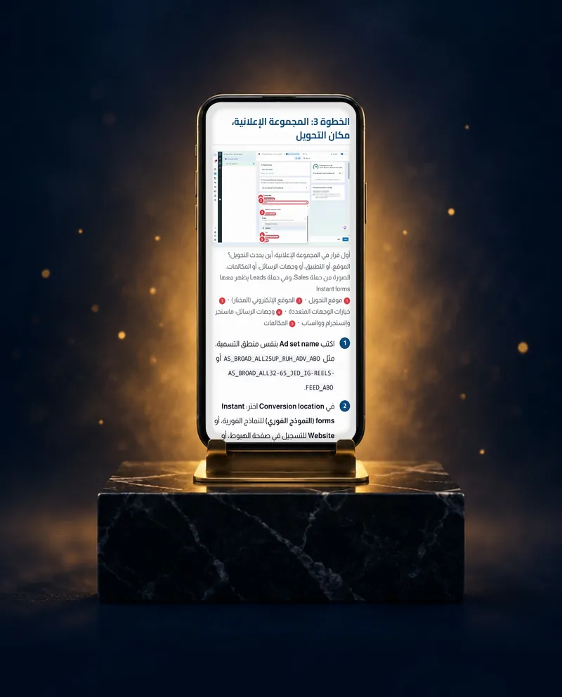 جوال يعرض صفحة حقيقية من كتاب إنستجرام: «الخطوة 3: المجموعة الإعلانية، مكان التحويل»، بصورة شاشة وأرقام وين تضغط