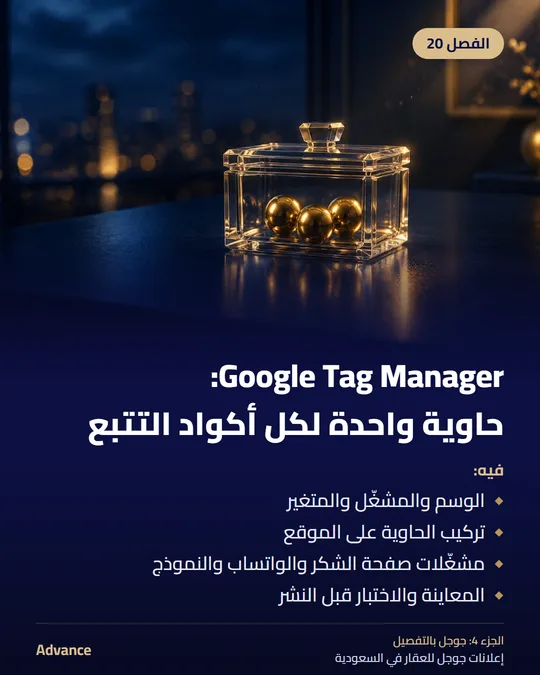 الفصل 20: Google Tag Manager: حاوية واحدة لكل أكواد التتبع. فيه: الوسم والمشغّل والمتغير، تركيب الحاوية على الموقع، مشغّلات صفحة الشكر والواتساب والنموذج، المعاينة والاختبار قبل النشر.