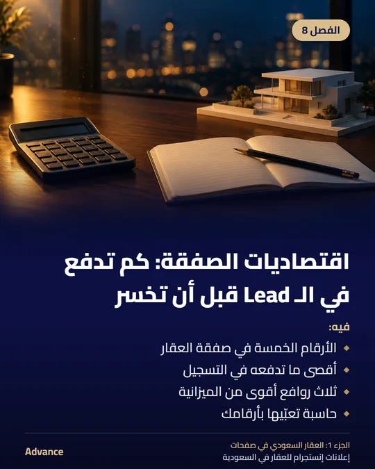 الفصل 8: اقتصاديات الصفقة: كم تدفع في الـ Lead قبل أن تخسر. فيه: الأرقام الخمسة في صفقة العقار، أقصى ما تدفعه في التسجيل، ثلاث روافع أقوى من الميزانية، حاسبة تعبّيها بأرقامك.