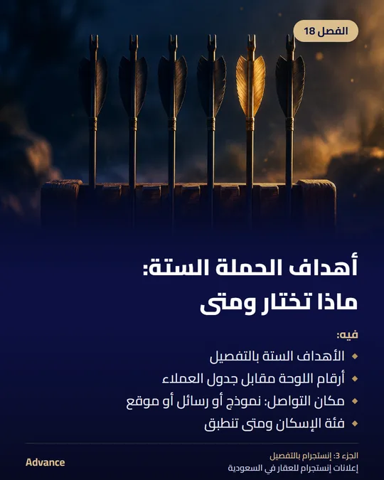 الفصل 18: أهداف الحملة الستة: ماذا تختار ومتى. فيه: الأهداف الستة بالتفصيل، أرقام اللوحة مقابل جدول العملاء، مكان التواصل: نموذج أو رسائل أو موقع، فئة الإسكان ومتى تنطبق.