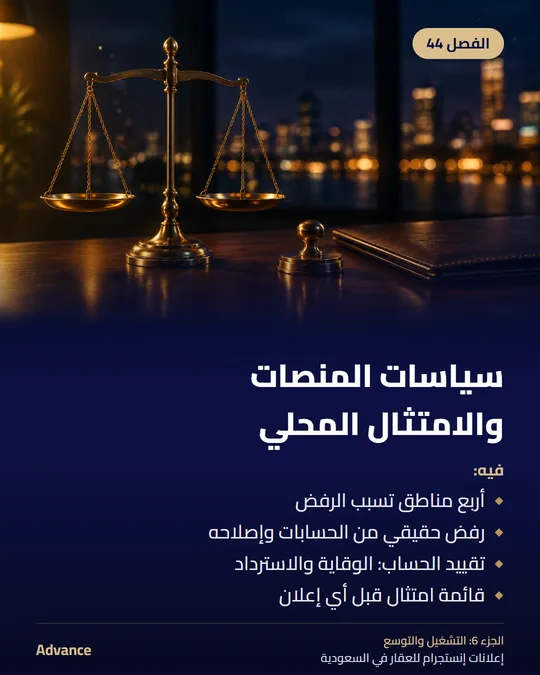 الفصل 44: سياسات المنصات والامتثال المحلي. فيه: أربع مناطق تسبب الرفض، رفض حقيقي من الحسابات وإصلاحه، تقييد الحساب: الوقاية والاسترداد، قائمة امتثال قبل أي إعلان.