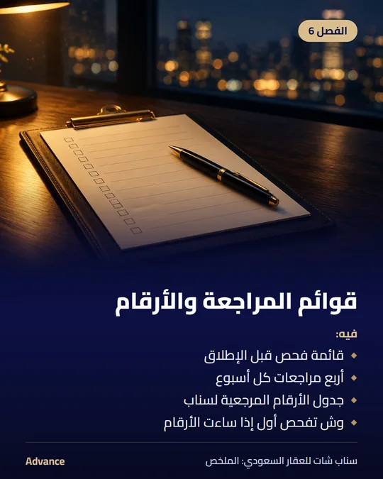 الفصل 6: قوائم المراجعة والأرقام. فيه: قائمة فحص قبل الإطلاق، أربع مراجعات كل أسبوع، جدول الأرقام المرجعية لسناب، وش تفحص أول إذا ساءت الأرقام.