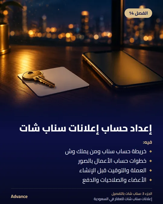 الفصل 14: إعداد حساب إعلانات سناب شات. فيه: خريطة حساب سناب ومن يملك وش، خطوات حساب الأعمال بالصور، العملة والتوقيت قبل الإنشاء، الأعضاء والصلاحيات والدفع.