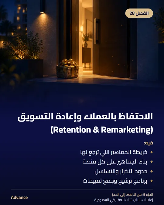 الفصل 28: الاحتفاظ بالعملاء وإعادة التسويق (Retention & Remarketing). فيه: خريطة الجماهير اللي ترجع لها، بناء الجماهير على كل منصة، حدود التكرار والتسلسل، برنامج ترشيح وجمع تقييمات.