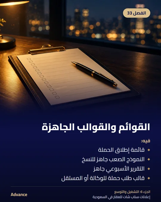 الفصل 33: القوائم والقوالب الجاهزة. فيه: قائمة إطلاق الحملة، النموذج الصعب جاهز للنسخ، التقرير الأسبوعي جاهز، قالب طلب حملة للوكالة أو المستقل.