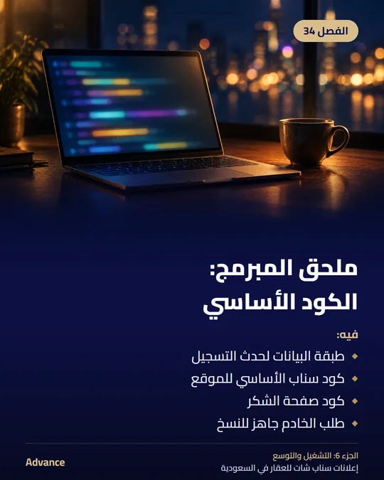 الفصل 34: ملحق المبرمج: الكود الأساسي. فيه: طبقة البيانات لحدث التسجيل، كود سناب الأساسي للموقع، كود صفحة الشكر، طلب الخادم جاهز للنسخ.