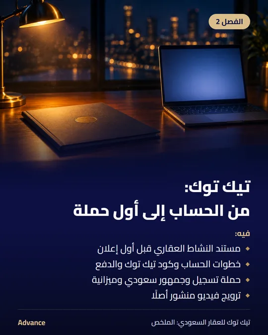 الفصل 2: تيك توك: من الحساب إلى أول حملة. فيه: مستند النشاط العقاري قبل أول إعلان، خطوات الحساب وكود تيك توك والدفع، حملة تسجيل وجمهور سعودي وميزانية، ترويج فيديو منشور أصلًا.