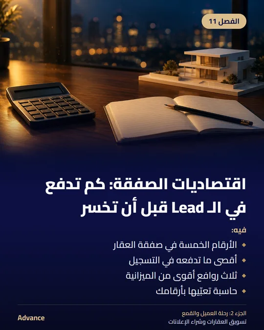 الفصل 11: اقتصاديات الصفقة: كم تدفع في الـ Lead قبل أن تخسر. فيه: الأرقام الخمسة في صفقة العقار، أقصى ما تدفعه في التسجيل، ثلاث روافع أقوى من الميزانية، حاسبة تعبّيها بأرقامك.