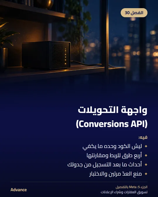 الفصل 30: واجهة التحويلات (Conversions API). فيه: ليش الكود وحده ما يكفي، أربع طرق للربط ومقارنتها، أحداث ما بعد التسجيل من جدولك، منع العدّ مرتين والاختبار.