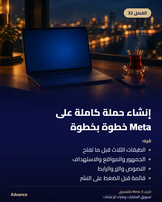 الفصل 32: إنشاء حملة كاملة على Meta خطوة بخطوة. فيه: الطبقات الثلاث قبل ما تفتح، الجمهور والمواقع والاستهداف، النصوص والزر والرابط، قائمة قبل الضغط على النشر.