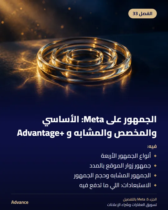 الفصل 33: الجمهور على Meta: الأساسي والمخصص والمشابه و Advantage+‎. فيه: أنواع الجمهور الأربعة، جمهور زوار الموقع بالمدد، الجمهور المشابه وحجم الجمهور، الاستبعادات: اللي ما تدفع فيه.