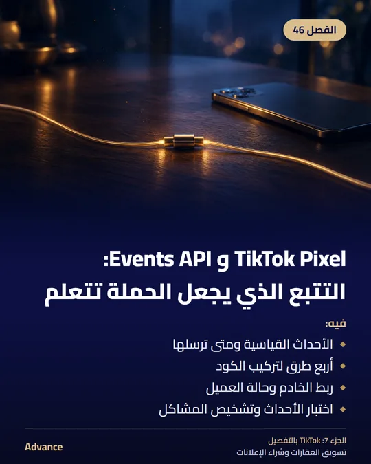 الفصل 46: TikTok Pixel و Events API: التتبع الذي يجعل الحملة تتعلم. فيه: الأحداث القياسية ومتى ترسلها، أربع طرق لتركيب الكود، ربط الخادم وحالة العميل، اختبار الأحداث وتشخيص المشاكل.