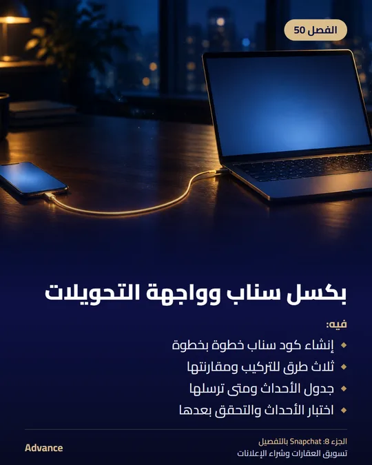 الفصل 50: بكسل سناب وواجهة التحويلات. فيه: إنشاء كود سناب خطوة بخطوة، ثلاث طرق للتركيب ومقارنتها، جدول الأحداث ومتى ترسلها، اختبار الأحداث والتحقق بعدها.