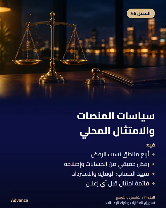 الفصل 66: سياسات المنصات والامتثال المحلي. فيه: أربع مناطق تسبب الرفض، رفض حقيقي من الحسابات وإصلاحه، تقييد الحساب: الوقاية والاسترداد، قائمة امتثال قبل أي إعلان.
